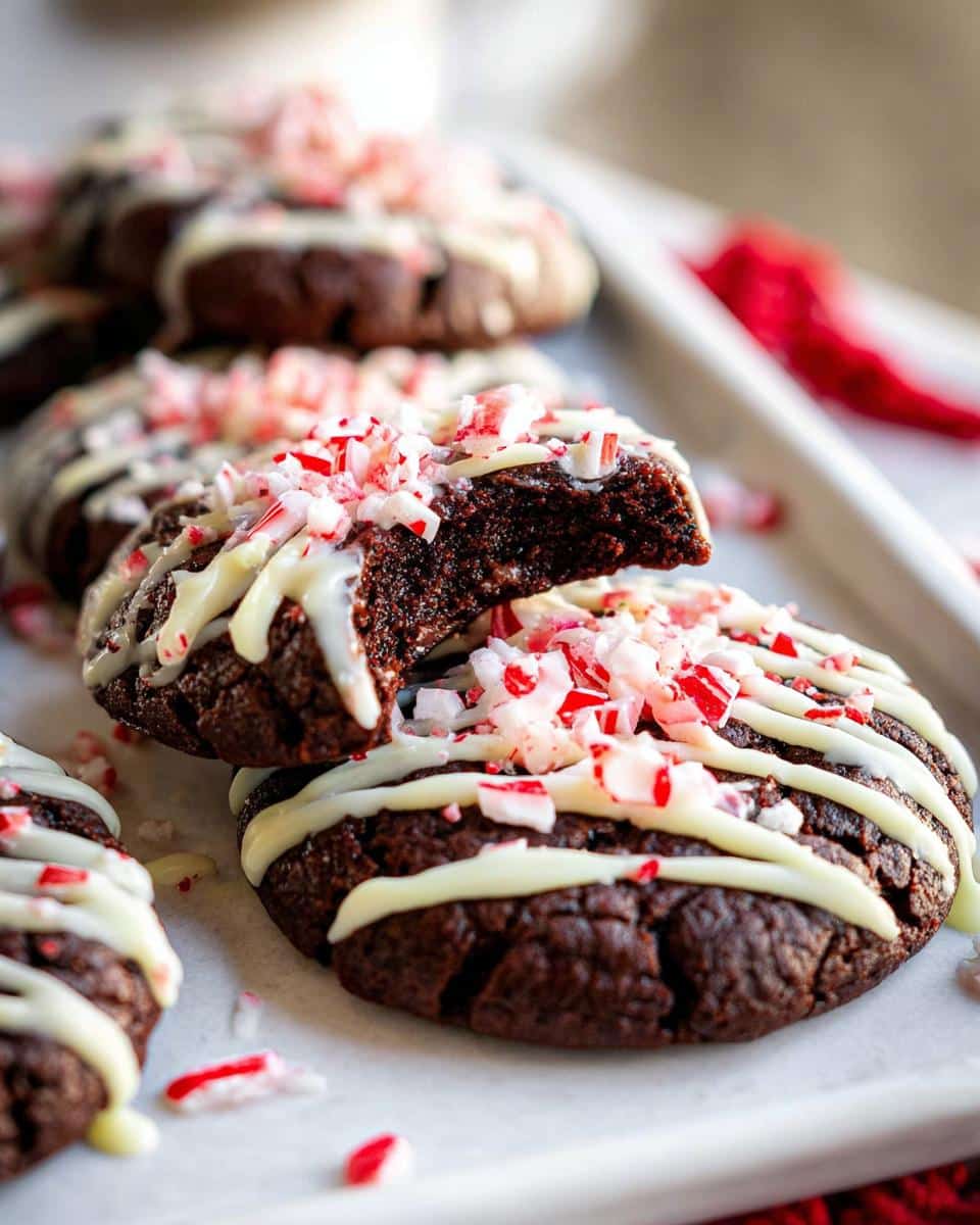 A close-up of a Gluten-Free Chocolate Peppermint Cookie, drizzled with white chocolate and topped with crushed candy canes.