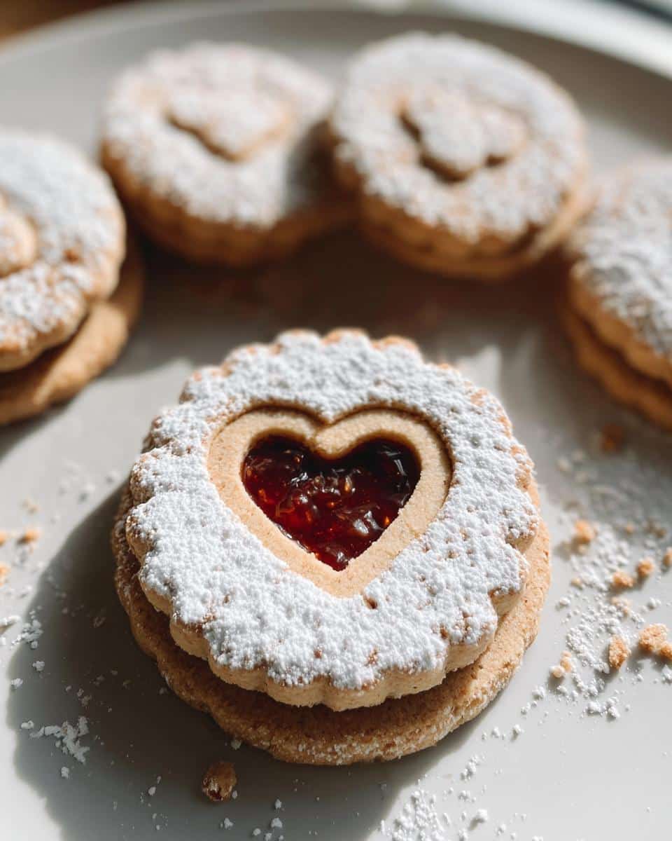 Close-up of a Gluten-Free Linzer Cookie with a heart-shaped cutout filled with jam, dusted with powdered sugar.
