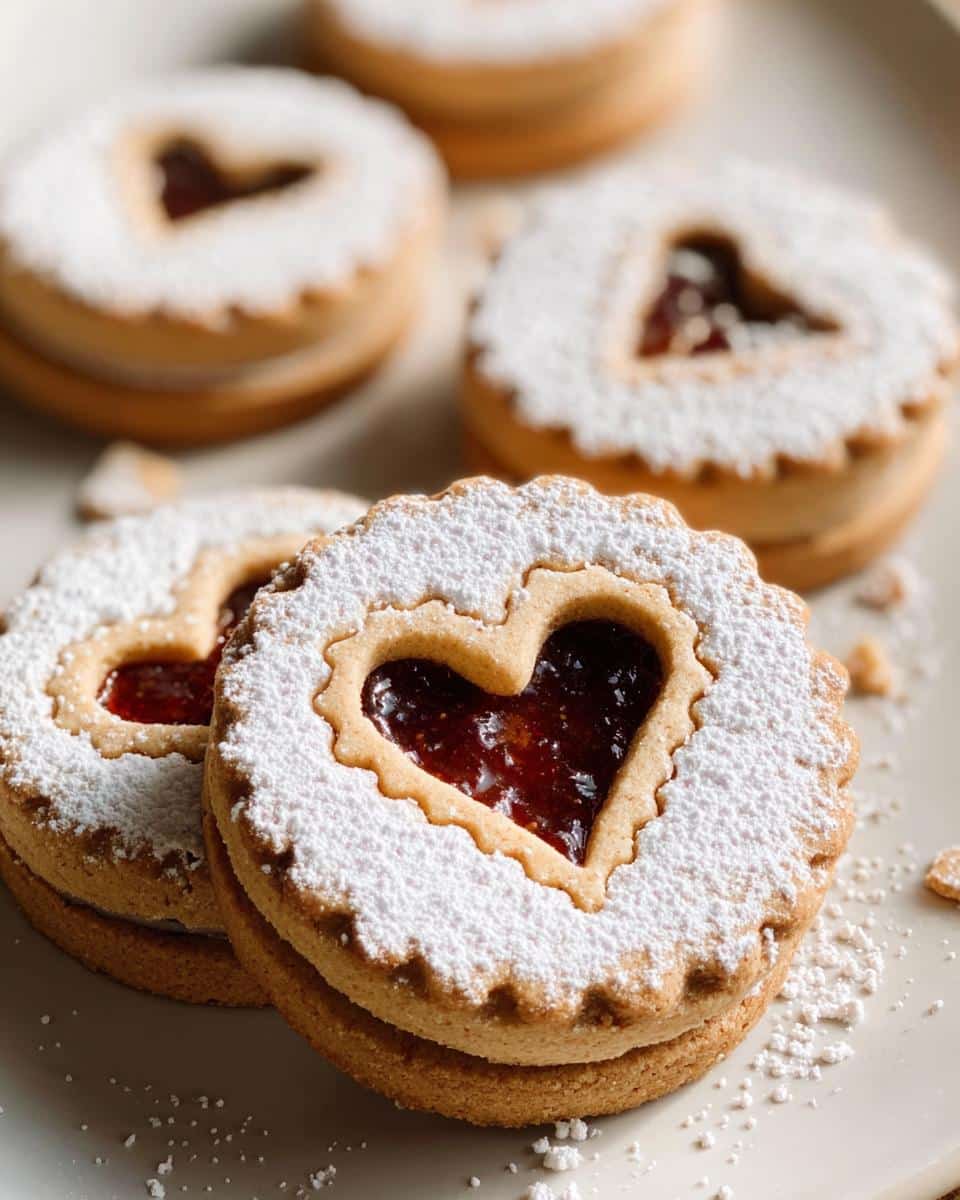 Close-up of two Gluten-Free Linzer Cookies sandwiched with jam and dusted with powdered sugar, featuring a heart-shaped cutout.