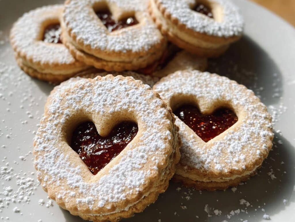 Close-up of Gluten-Free Linzer Cookies dusted with powdered sugar, revealing a heart-shaped cutout filled with red jam.