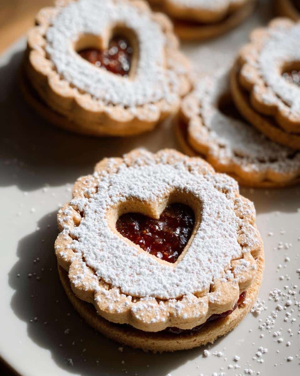 Close-up of a Gluten-Free Linzer Cookie filled with jam and dusted with powdered sugar, featuring a heart-shaped cutout.