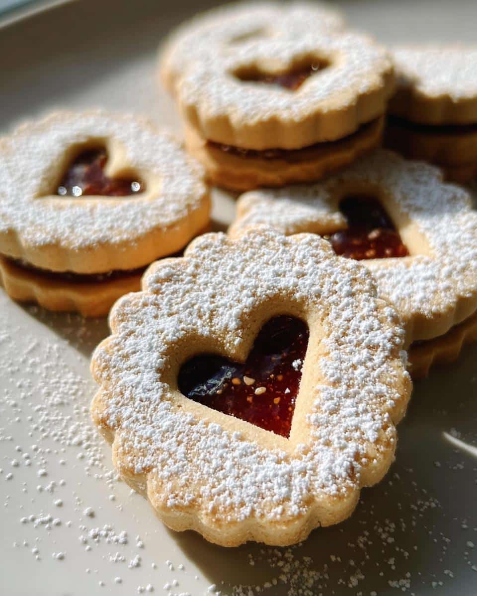 Close-up of delicate Gluten-Free Linzer Cookies dusted with powdered sugar, filled with red jam, featuring a heart-shaped cutout.