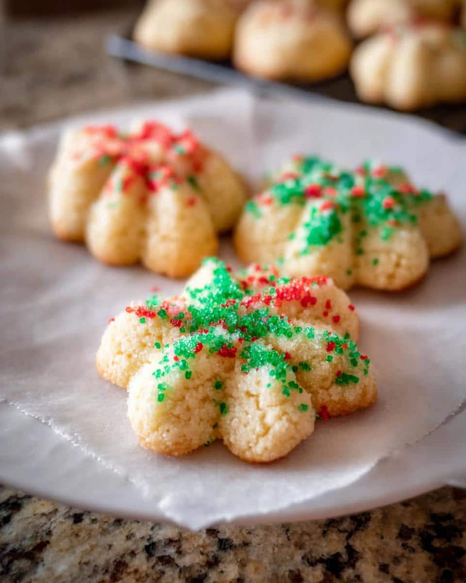 Close-up of festive Gluten-Free Spritz Cookies decorated with red and green sprinkles.