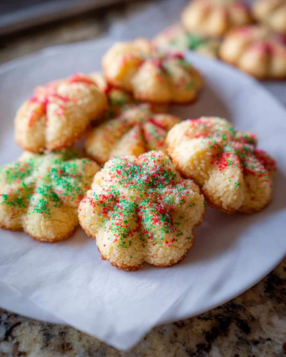 A close-up of several Gluten-Free Spritz Cookies decorated with red and green sprinkles on a white plate.