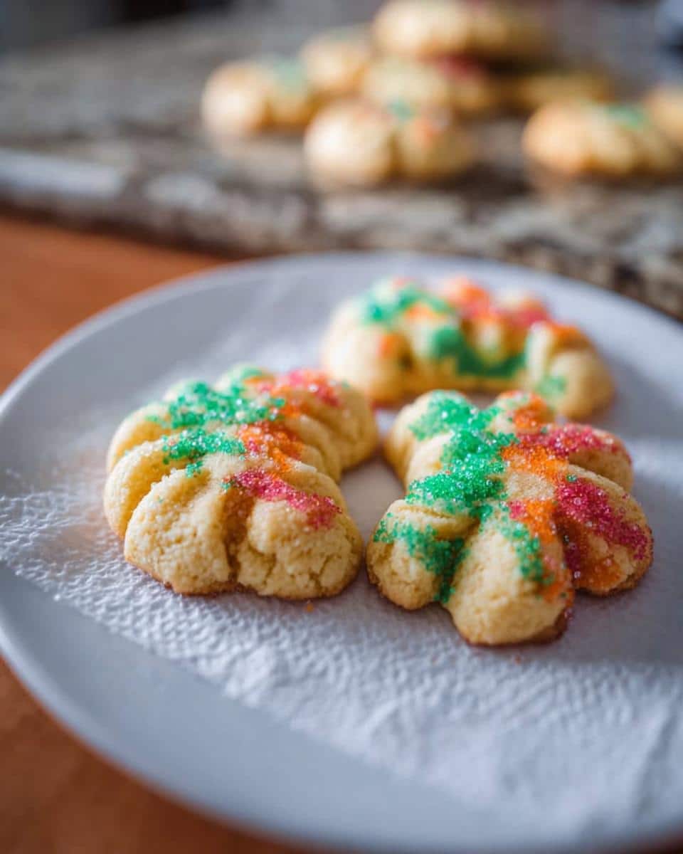 Close-up of three Gluten-Free Spritz Cookies decorated with green, pink, and orange sugar sprinkles on a white plate.