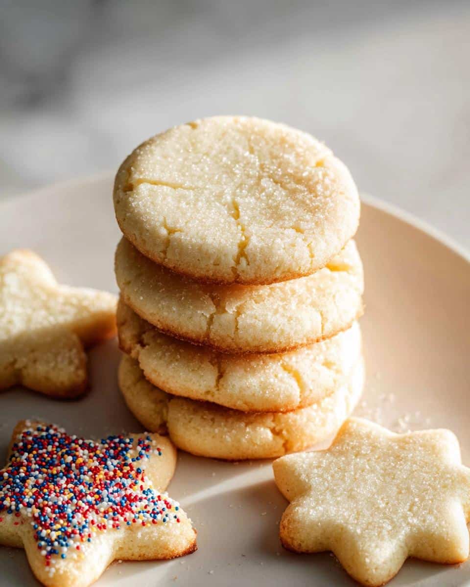A stack of golden Gluten-Free Sugar Cookie Cutouts dusted with sugar, with star-shaped cookies around them.