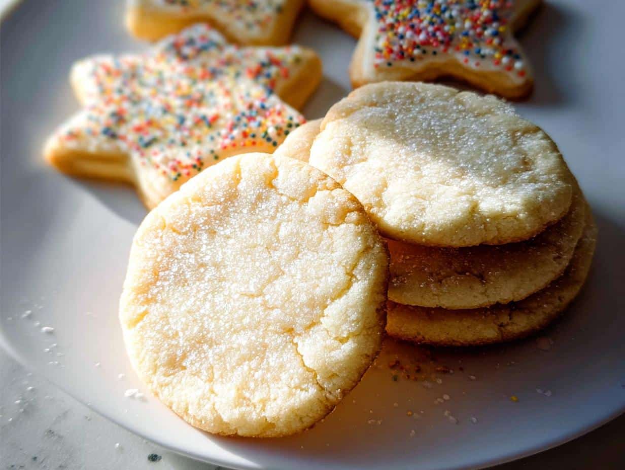 A stack of round Gluten-Free Sugar Cookie Cutouts dusted with sugar, with star-shaped cookies in the background.
