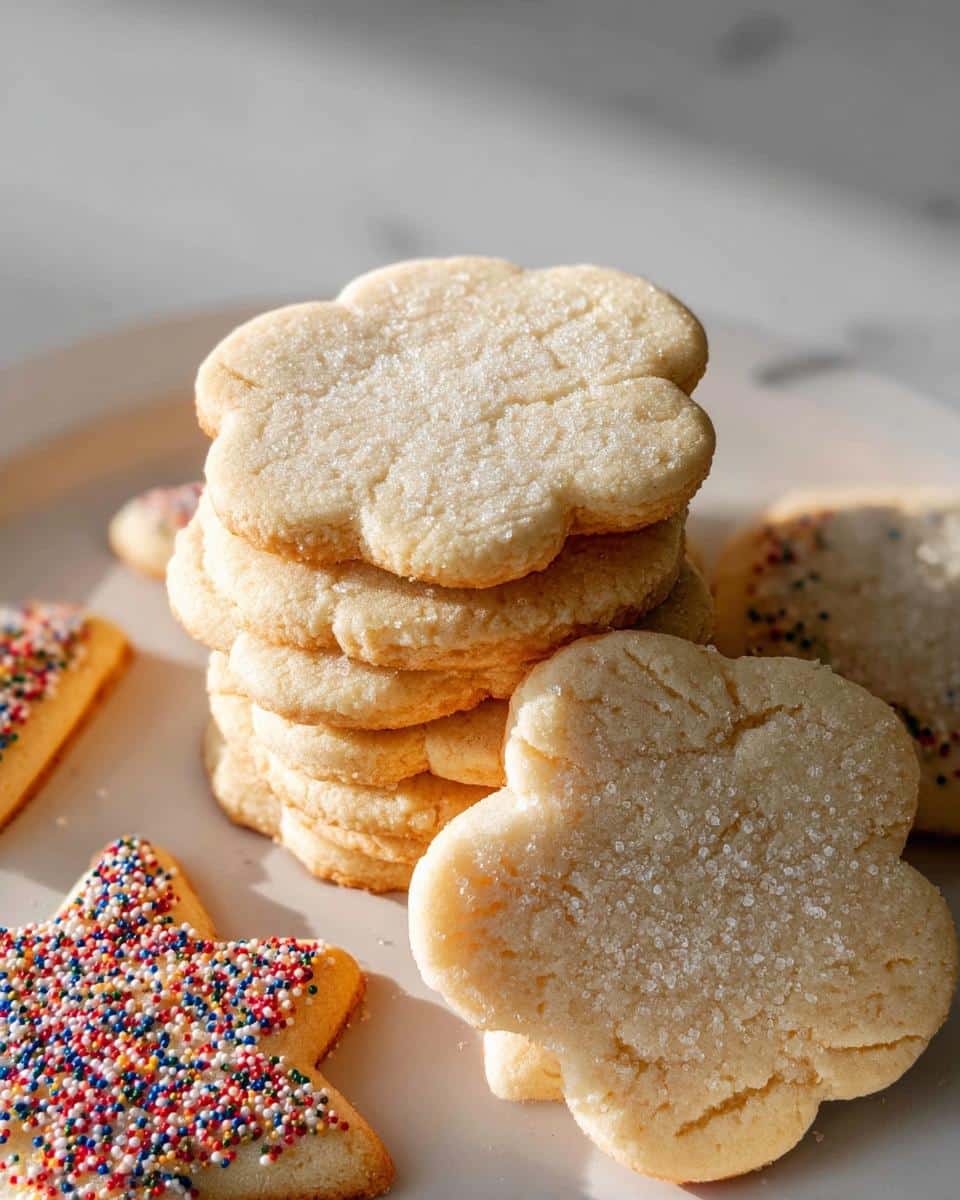 A stack of perfectly baked Gluten-Free Sugar Cookie Cutouts dusted with sugar, with star-shaped cookies in the foreground.
