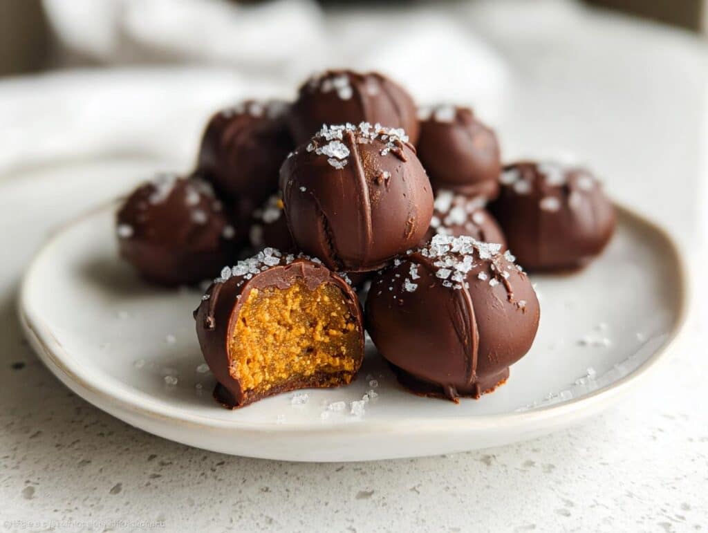 A close-up of healthy pumpkin truffles, one cut in half to reveal the pumpkin filling, topped with sea salt.