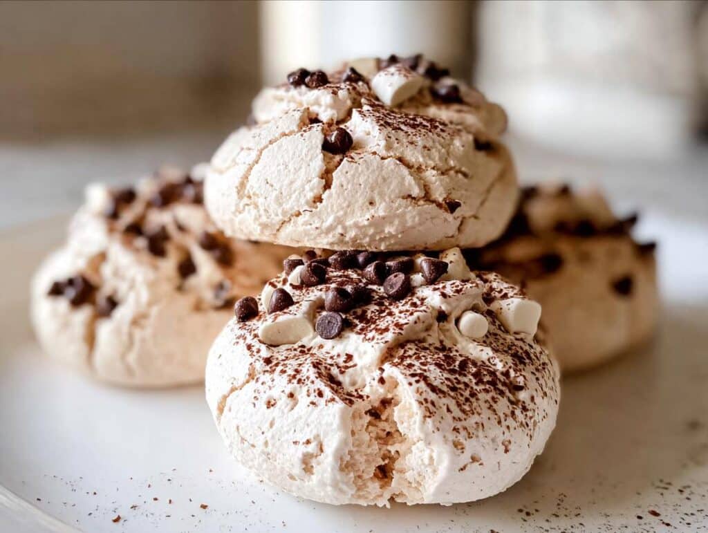 Close-up of stacked Hot Cocoa Meringue Cookies topped with chocolate chips and mini marshmallows, dusted with cocoa powder.