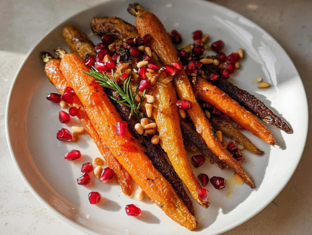 A close-up of Maple Dijon Roasted Carrots garnished with fresh pomegranate seeds, toasted pine nuts, and a sprig of rosemary on a white plate.