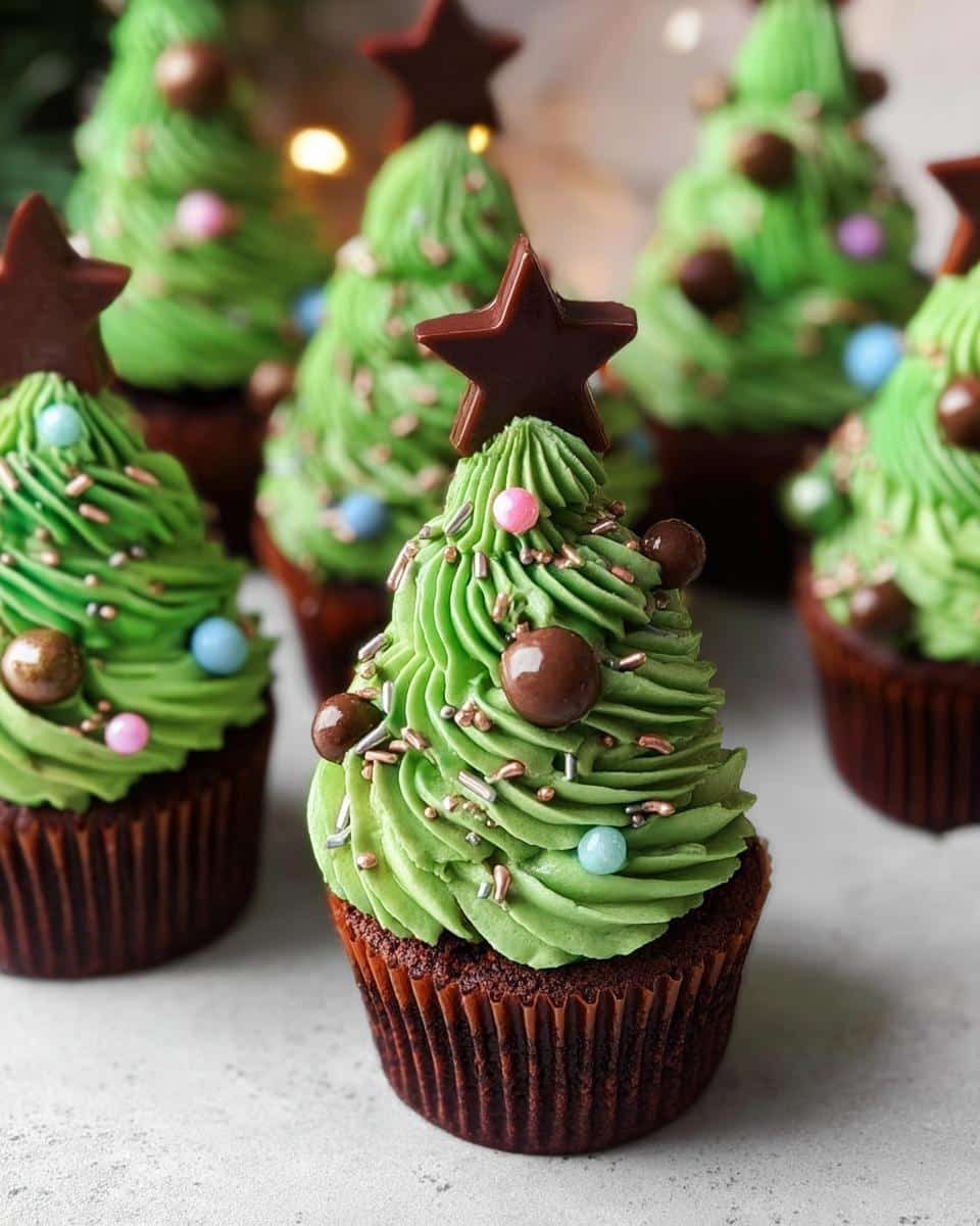 Close-up of festive Mini Christmas Tree Cupcakes decorated with green frosting, chocolate stars, and colorful sprinkles.