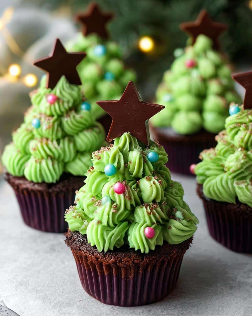 Close-up of delicious Mini Christmas Tree Cupcakes decorated with green frosting, sprinkles, and chocolate stars.
