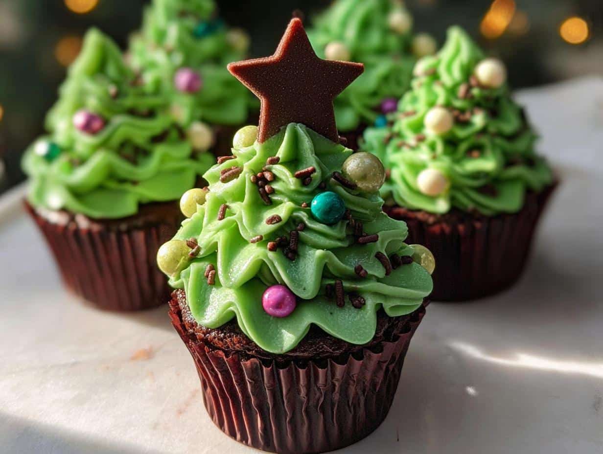 Close-up of festive Mini Christmas Tree Cupcakes decorated with green frosting, sprinkles, and a chocolate star.