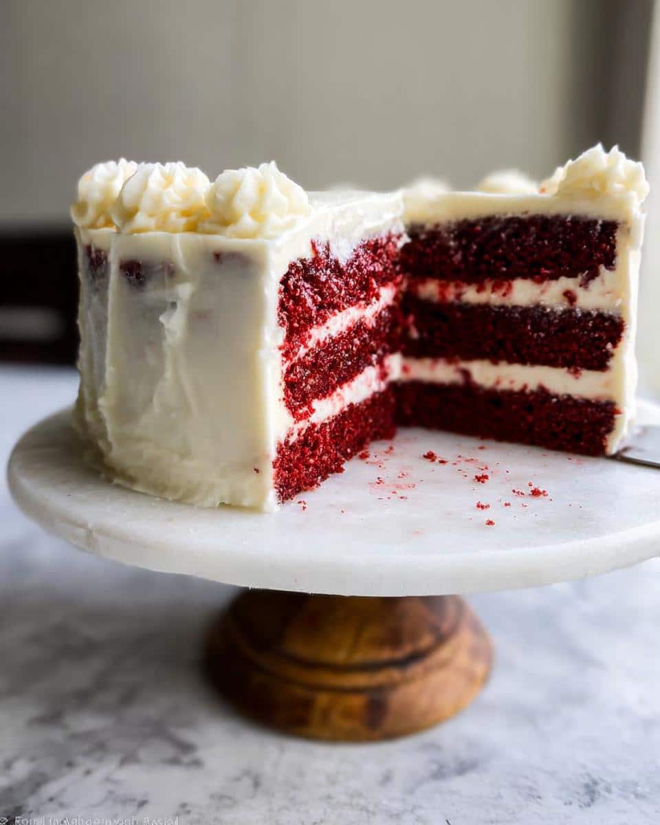 A slice of 3-layer Red Velvet Cake with Cream Cheese Frosting, showcasing the vibrant red cake and white frosting.