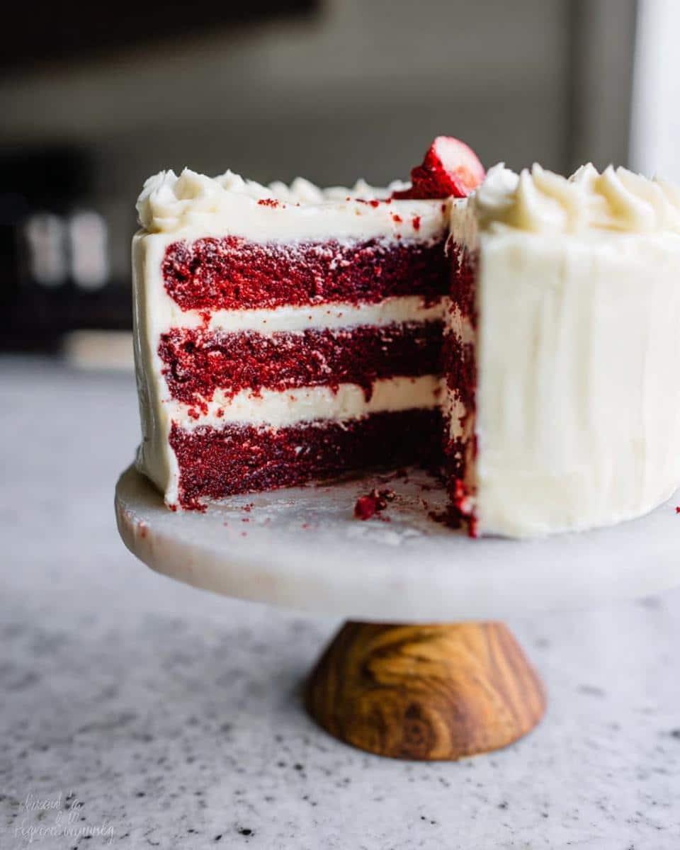 A slice of moist Red Velvet Layer Cake with Cream Cheese Frosting, showcasing three rich red cake layers and creamy white frosting.