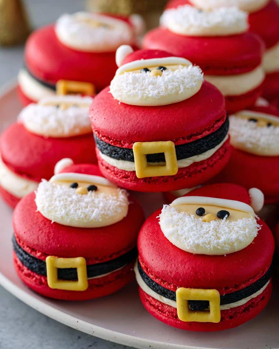 Close-up of festive Santa Claus macarons, decorated with red shells, black and white filling, and Santa's face with coconut beard.