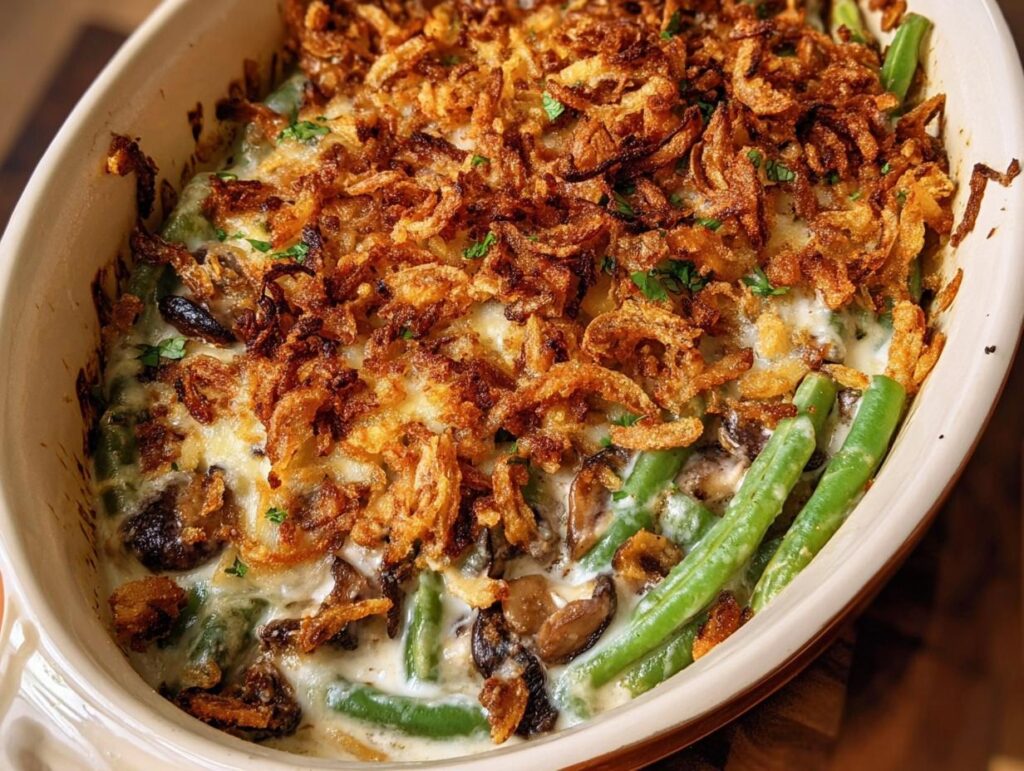 Close-up of a bubbling Southern Green Bean Casserole topped with crispy fried onions and fresh parsley.