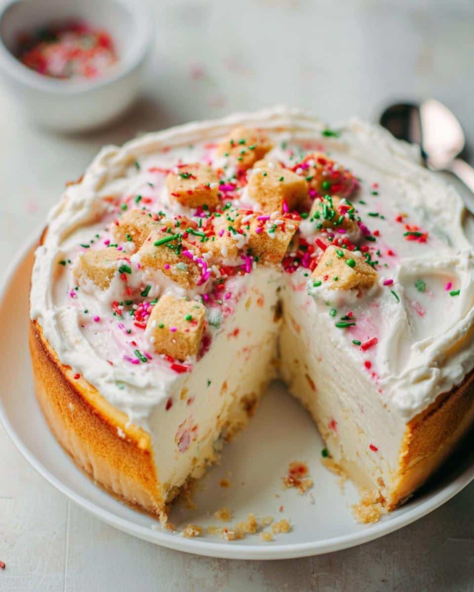 A slice removed from a festive Sugar Cookie Cheesecake, topped with frosting, cookie crumbles, and colorful sprinkles.