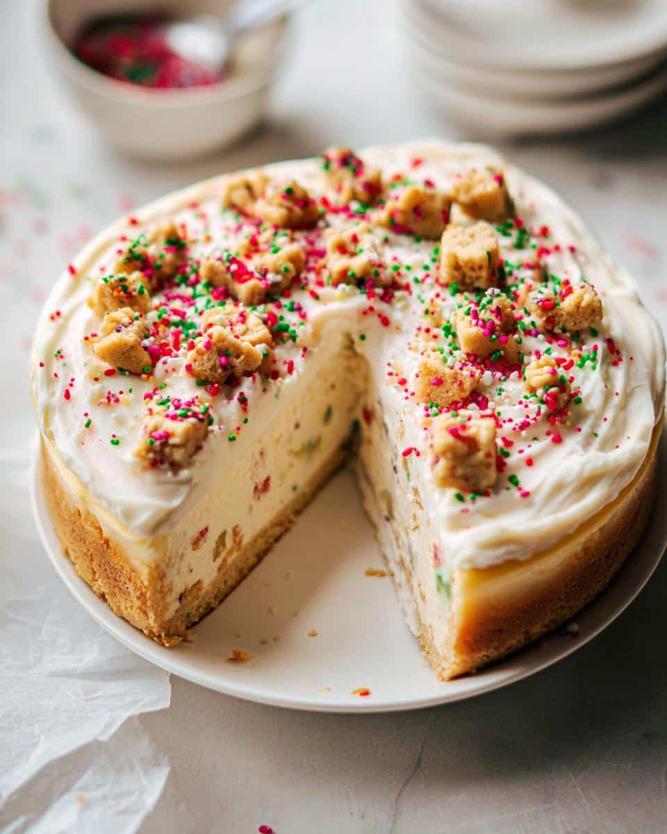 A delicious Sugar Cookie Cheesecake topped with frosting, cookie crumbles, and colorful sprinkles.