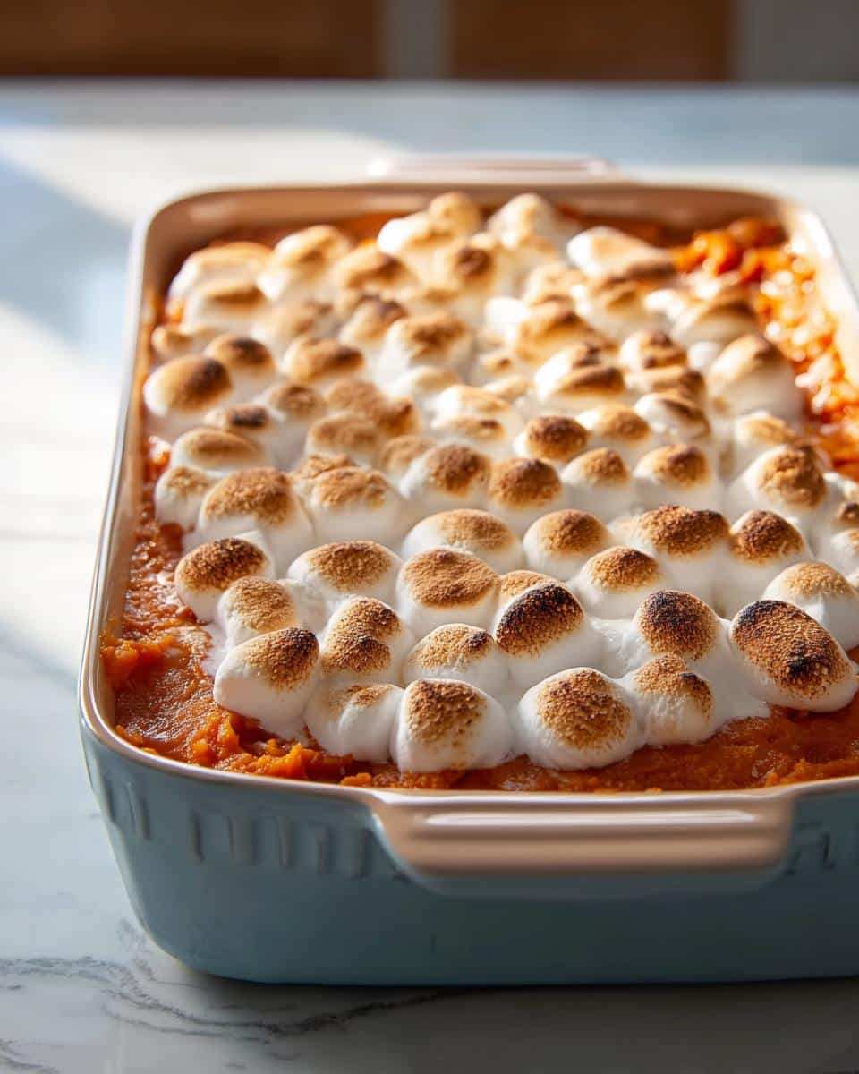 A close-up of a Sweet Potato Casserole with Marshmallows, perfectly toasted and golden brown.