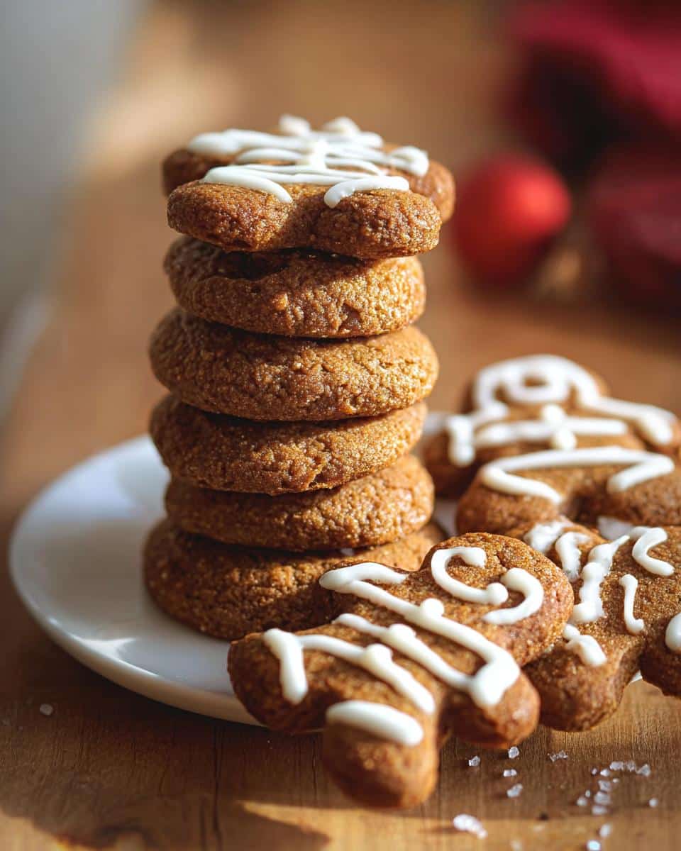 A stack of delicious Vegan Gluten-Free Gingerbread Cookies decorated with white icing.