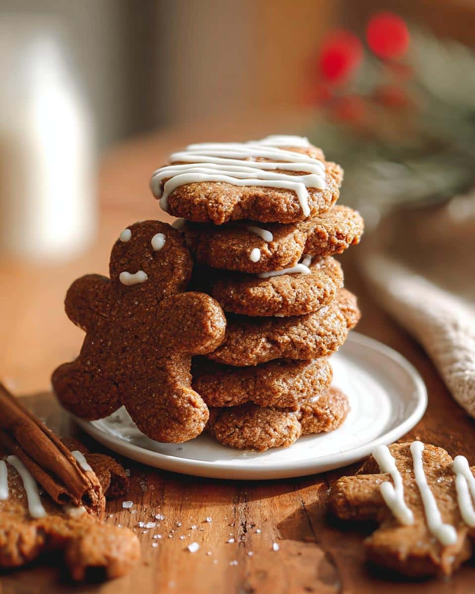 Stack of delicious Vegan Gluten-Free Gingerbread Cookies, one decorated as a gingerbread man with white icing.
