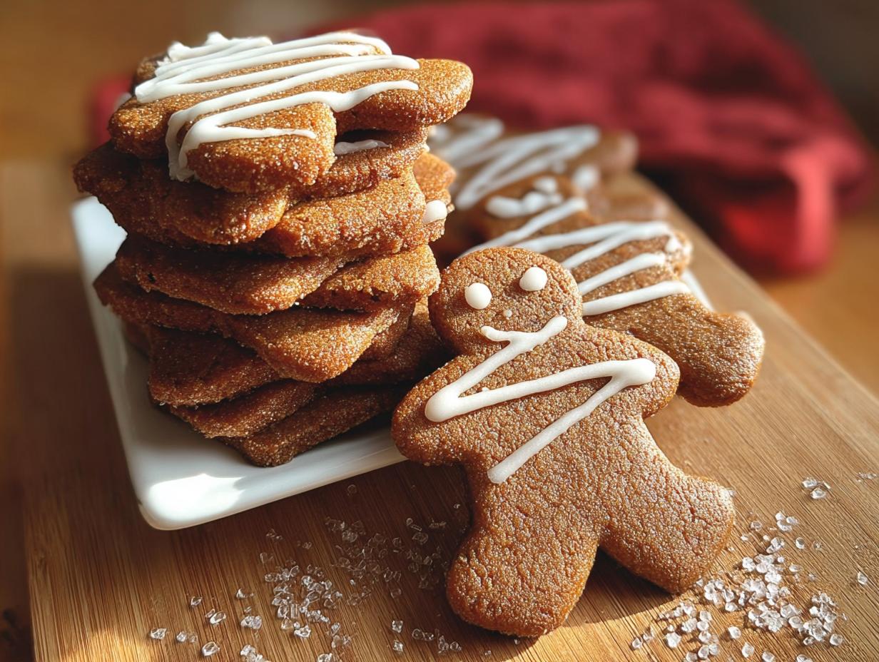 A stack of Vegan Gluten-Free Gingerbread Cookies decorated with white icing, with a gingerbread man cookie in the foreground.