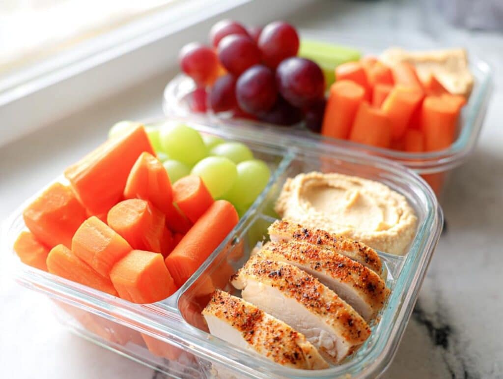 A glass container showing a healthy Chicken Hummus Lunch Box with sliced seasoned chicken, hummus, carrots, and grapes.