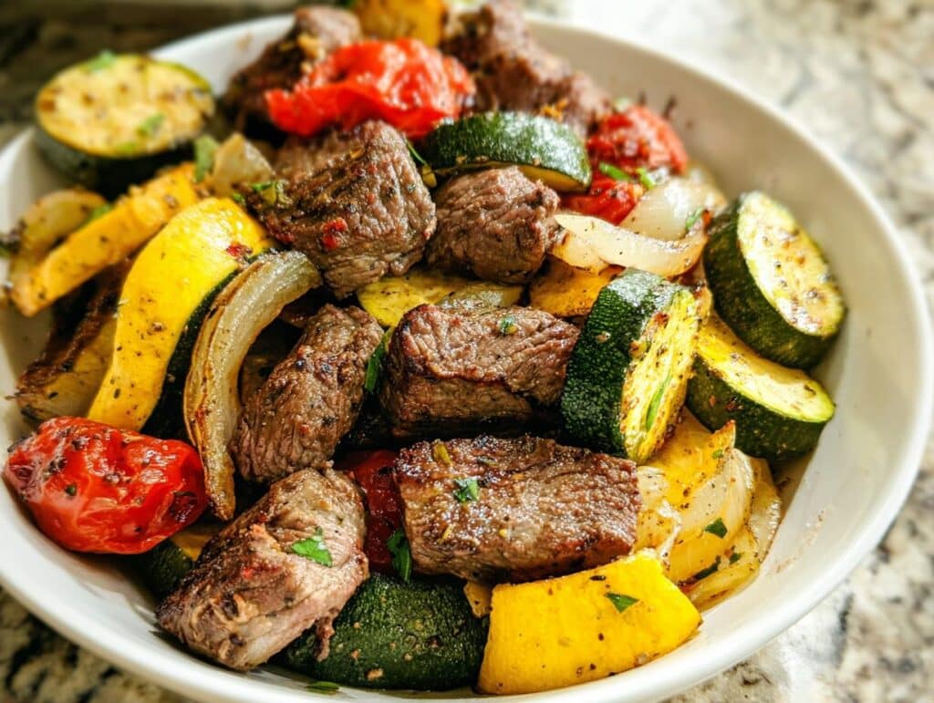 Close-up of a white bowl filled with seasoned steak cubes and colorful roasted vegetables for a Steak & Roasted Veggie Lunch Plate.